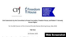 Báo cáo của chung của ba tổ chức CPJ, Freedom House và Robert F. Kennedy Human Rights gửi đến LHQ trước cuộc UPR 2024 đối với Việt Nam. Photo CPJ.