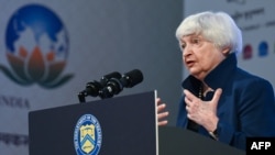 Bộ Trưởng Tài chính Mỹ Janet Yellen phát biểu tại Hội nghị G20 ở Gandhinagar, Ấn Độ, ngày 16/7/2023.