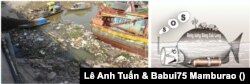 Hình trái: cảnh tượng phổ biến ở các vị trí cống ngăn mặn – mệnh danh là công trình thủy lợi: rác tích tụ và nước có màu tối đen, bốc mùi hôi thối do các chất ô nhiễm phân hủy, hình chụp nơi cống ngăn mặn Bãi Giá, Sóc Trăng. [photo by Lê Anh Tuấn 11/12/2017 ] (4). Hình phải: hậu quả sau nửa thế kỷ cải tạo tự hủy của nhà nước CSVN, toàn thể hệ thống sông rạch, không khí và đất đai nơi ĐBSCL đã trở thành một môi trường cực kỳ ô nhiễm, đang tàn phá sức khỏe của người dân. [nguồn: biếm họa của Babui75 Mamburao]