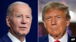 In this combination of photos, President Joe Biden, left, speaks on Aug. 10, 2023, in Salt Lake City, and former President Donald Trump speaks on June 13, 2023, in Bedminster, New Jersey.