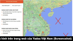 Bản đồ trên trang web của Yadea hiển thị hai quần đảo Hoàng Sa và Trường Sa (đánh dấu X) bằng tiếng Hoa