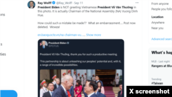 Một status về cuộc gặp giữa ông Joe Biden và ông Võ Văn Thưởng, nhưng đăng hình ông Vương Đình Huệ, được cho là bị xóa, ngày 11/9/2023. Photo X Ray Wolff.