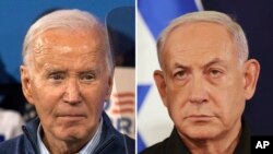 Foto konbinezon sa a montre Prezidan Joe Biden (a goch) epi Premye Minis Benjamin Netanyahu (a dwat). 