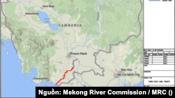 Sơ đồ Dự án kênh Funan Techo dài 180 km của Campuchia. [Nguồn: Mekong River Commission / MRC]