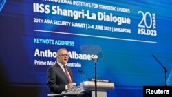 Thủ tướng Úc Anthony Albanese phát biểu khai mạc Đối thoại Shangri-La ở Singapore.