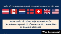 Tuyên bố chung của Đại sứ quán Hoa Kỳ và các nước phương Tây tại Việt Nam về Ngày Quốc tế tưởng niệm các nạn nhân bị bạo hành vì tôn giáo hay tín ngưỡng, 22/8/2022. 