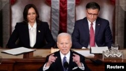 Tổng thống Mỹ Joe Biden đọc Thông điệp Liên bang trước phiên họp chung của Quốc hội tại Phòng họp Hạ viện của Điện Capitol Hoa Kỳ ở Washington, Mỹ, ngày 7 tháng 3 năm 2024. 