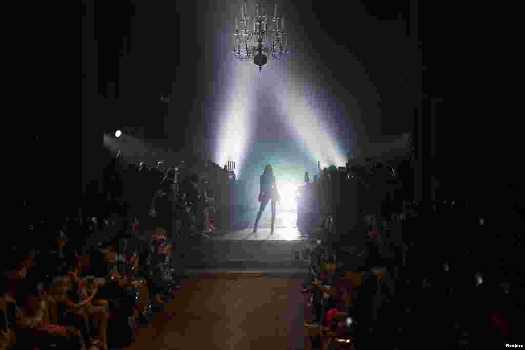 A model presents a creation during the Julien Macdonald catwalk show at London Fashion Week, Sept. 16, 2019.