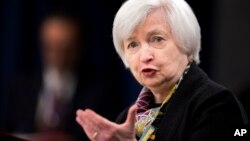 Chủ tịch Cục Dự trữ Liên bang Janet Yellen phát biểu tại một cuộc họp báo ở Washington hôm 16/3.