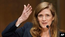 Samantha Power, administratris USAID, ki anonse Lèzetazini ap mete 32 milyon dola sou èd li pou Ayiti .