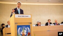 Ngoại trưởng Mỹ John Kerry phát biểu trước Hội đồng Nhân quyền Liên Hiệp Quốc tại Geneva, ngày 2/3/2015.