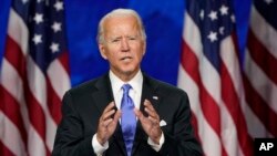 Ứng cử viên Tổng Thống của Đảng Dân chủ, cựu Phó TT Joe Biden, phát biểu tại ngày thứ 4 của Đại hội Toàn quốc DDC hôm 20/8/2020 tại Chase Center ở Wilmington, Delaware (AP Photo/Andrew Harnik)