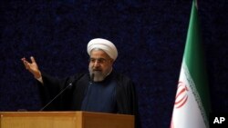 Tổng thống Iran Hassan Rouhani phát biểu nhân ngày 'Ngày Kỹ thuật Hạt nhân' ở Tehran, Iran, 9/4/2015.