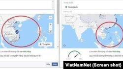 Hình ảnh bản đồ của Facebook trước và sau khi sửa lỗi về hai quần đảo Hoàng Sa và Trường Sa. (Ảnh chụp màn hình VietNamNet)