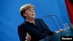 Thủ tướng Đức Angela Merkel trong một cuộc họp báo tại Berlin, Đức, ngày 16 tháng 01 năm 2017. 