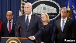 Quyền Bộ trưởng Tư pháp Mỹ Matthew Whitaker, tuyên bố truy tố công ty Huawei Technologies Co Ltd, của Trung Quốc tại cuộc họp báo ở Bộ Tư pháp ngày 28/1/2019.