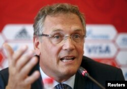 Tổng thư ký FIFA Jerome Valcke phát biểu tại cuộc họp báo trong chuyến thăm thành phố Samara, một trong những địa điểm tổ chức World Cup 2018 của Nga, 10/6/2015.