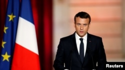 Ảnh tư liệu - Tân tổng thống Pháp Emmanuel Macron phát biểu sau khi nhậm chức tại Điện Elysee, Paris ngày 14/05/ 2017.