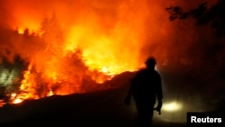 Nhân viên cứu hỏa chống chọi với các đám cháy rừng gần Công viên quốc gia Yosemite, California, ngày 30/8/2013.