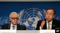 Đạc sứ Brahimi và Tổng thư ký Liên hiệp quốc Ban Ki-moon nói chuyện tại một cuộc họp báo chung, 22/1/14