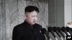 Lãnh tụ Kim Jong Un phát biểu trong lễ kỷ niệm 100 năm ngày sinh của cố lãnh tụ Kim Il Sung tại Bình Nhưỡng, ngày 15/4/2012