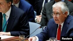 Ngoại trưởng Rex Tillerson phát biểu trong phiên họp của Hội đồng Bảo an LHQ về chương trình hạt nhân của Triều Tiên ngảy 15/12/ 2017.