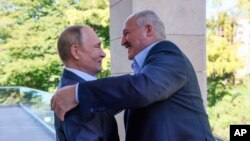 Tổng thống Nga Vladimir Putin và Tổng thống Belarus Alexander Lukashenko gặp nhau ngày 26/09/2022. (Gavriil Grigorov, Sputnik, Kremlin Pool Photo via AP)