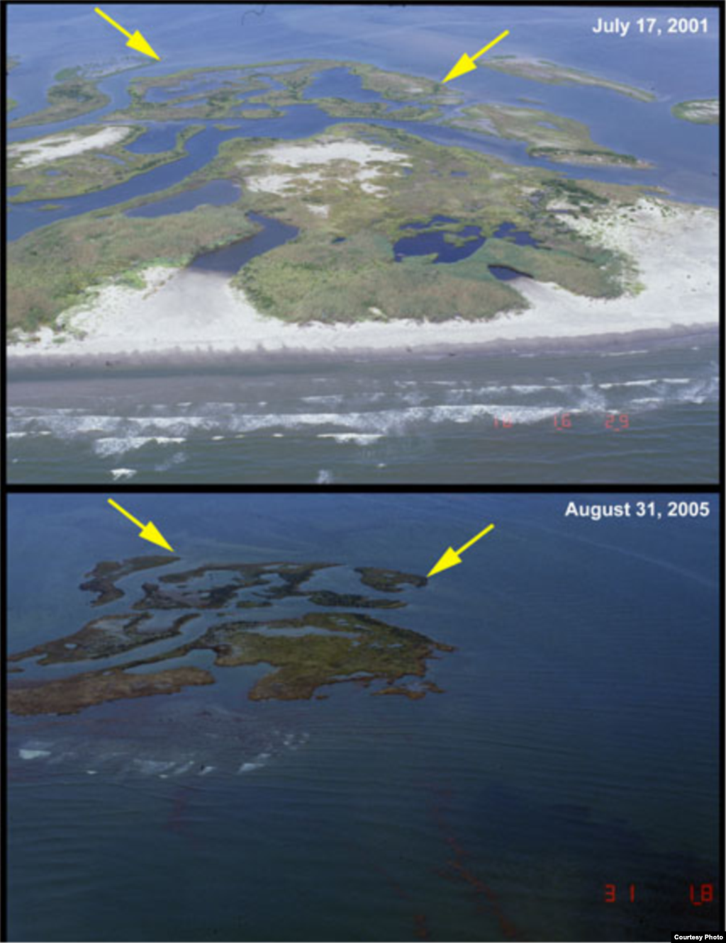 Chandeleur Islands chạy theo hướng bắc-nam cách New Orleans khoảng 100km về phía đông, trước và sau bão Katrina.&nbsp; 