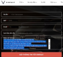VOA liên lạc để hỏi thông tin của VinFast nhưng chưa nhận được hồi đáp; 22/2/2021