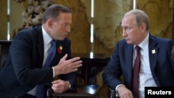 Tổng thống Nga Vladimir Putin và Thủ tướng Australia Tony Abbott gặp nhau tại Hội nghị Thượng đỉnh APEC ở Bắc Kinh, ngày 11/11/2014.