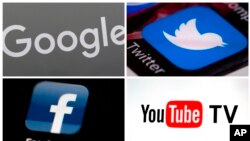 Logo của Google, Twitter, YouTube TV và Facebook. YouTube, Google vàTwitter hàng ngày tải hàng hà sa số clip video, bình luận, chia sẻ nhiều tới mức không thể nào kiểm duyệt hết. (AP Photo)