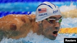 Michael Phelps với những vết thâm tròn trên cơ thể thi đấu ở Olympic Rio 2016, Rio de Janeiro, 8/8/2016.