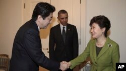 Tổng thống Nam Triều Tiên Park Geun-hye bắt tay Thủ tướng Nhật Bản Shinzo Abe. Tổng thống Obama đã đưa hai nhà lãnh đạo Nhật Bản và Nam Triều Tiên ngồi lại với nhau tại cuộc họp ở La Haye, ngày 25/3/2014.