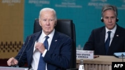 US President Joe Biden (L) and US Secretary of State Antony Blinken pariticipate in the Asia-Pacific Economic Cooperation (APEC) Summit Leaders' Informal Dialogue in Lima, Peru, November 15, 2024. (Photo by SAUL LOEB / AFP)