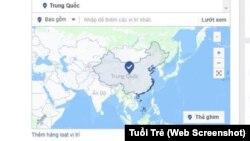 Bản đồ Facebook xác định chủ quyền hai quần đảo Trường Sa, Hoàng Sa thuộc Trung Quốc. (Ảnh chụp màn hình từ trang Tuổi Trẻ)