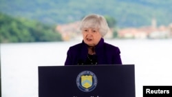 Bộ trưởng Ngân khố Hoa Kỳ Janet Yellen họp báo trước hội nghị các Bộ trưởng Tài chánh G7 tại Stresa, Ý, ngày 23/5/2024. 