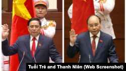 Thủ tướng Phạm Minh Chính (trái) và Chủ tịch nước Nguyễn Xuân Phúc tuyên thệ nhậm chức sau khi tái đắc cử tại Kỳ họp thứ nhất của Quốc hội khoá 15.