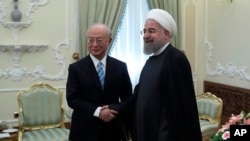 Tổng thống Iran Hassan Rouhani (phải) và Giám đốc Cơ quan Năng lượng Nguyên tử Quốc tế Yukiya Amano tại Tehran, ngày 18/12/2016.