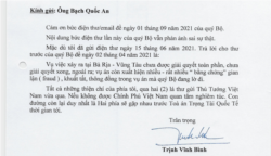 Thư trả lời của Vụ trưởng Bạch Quốc An, Bộ Tư pháp Việt Nam, vào ngày 1/9/2021 cho yêu cầu bồi thường tài sản của ông Trịnh Vĩnh Bình.