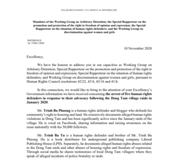 Phần đầu kháng thư ngày 10-11-2020 của OHCHR. Photo spcommreports.ohchr.org