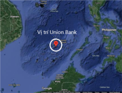 Vị trí của cụm Sinh Tồn (Union Bank), nơi có bãi Ba Đầu. Ảnh Google map, chú thích và minh họa của tác giả.