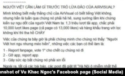 Trích bài viết của ông Vũ Khắc Ngọc kêu gọi đánh giá xấu đối với AirVisual, 6/10/2019