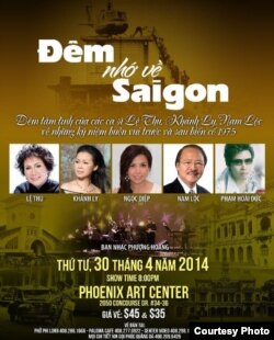 Chương trình “Đêm Nhớ về Saigon” ở San Jose dịp 30/4/2014 dự kiến có Khánh Ly và Lệ Thu tâm tình cùng khán giả nhưng hai ca sĩ đã rút khỏi chương trình (ảnh Bùi Văn Phú)