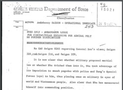 Công điện tối mật của Bộ Ngoại Giao Mỹ yêu cầu “có hành động lập tức,” có đoạn “bây giờ thì đã rõ có phải quân đội đề nghị lệnh thiết quân luật hay ông Nhu nhử họ vào cái bẫy ấy…”