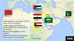 Bản đồ các thành viên liên minh hỗ trợ Yemen chống lại phiến quân Houthi.