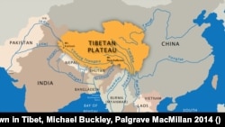 Tây Tạng, nơi phát xuất những con sông lớn của Châu Á: (1) Dương Tử, (2) Hoàng Hà, (3) Indus, (4) Sutlej, (5) Yarlung Tsangpo – Brahmaputra, (6) Irrawaddy, (7) Salween, (8) Mekong. [nguồn: Meltdown in Tibet, Michael Buckley, Palgrave MacMillan 2014] [3]