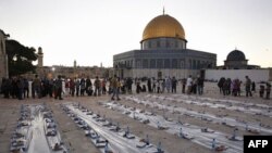 Người Hồi giáo Palestine chờ nhận bữa ăn từ thiện sau giờ chay trong sân đền Al Aqsa ở Jerusalam hôm 4/8/2011