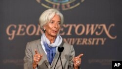 Tổng giám đốc IMF Christine Lagarde nói chuyện tại Đại học Georgetown về những thách thức kinh tế thế giới đang đối phó, 2/10/14