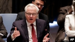 Đại sứ Nga Vitaly Churkin diễn thuyết trước Tòa Án Tội phạm Quốc tế.