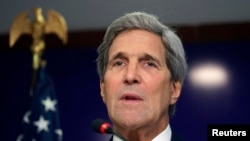 Ngoại trưởng Mỹ John Kerry phát biểu tại cuộc họp báo ở Gandhinagar, Ấn Độ, ngày 12/1/2015.